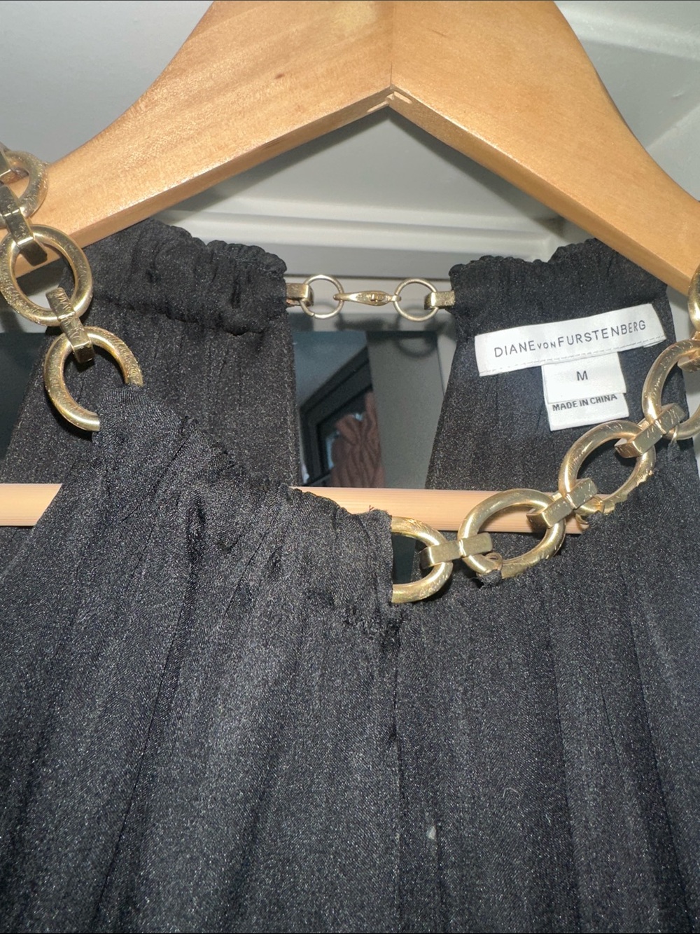Diane Von Furstenberg Black Silk Top with Gold Chain Trim